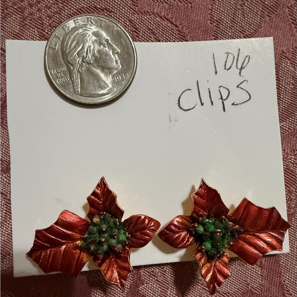 Red Poinsettia Clip-On Earrings with Green Accents